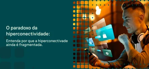 Ilustração sobre o paradoxo da hiperconectividade: um homem com fones de ouvido usa um tablet com ícones de nuvem e segurança, enquanto gráficos e quadrados em gradiente ao fundo reforçam a ideia de conexão fragmentada.