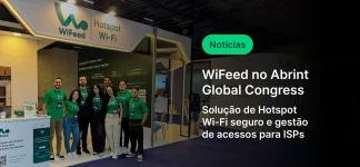 Equipe da WiFeed apresentando soluções de hotspot Wi-Fi seguro para ISPs na plataforma do Abrint Global Congress, destacando inovação na conectividade.