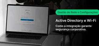Imagem de um laptop exibindo a tela de login da Microsoft, com ênfase na gestão de rede e configurações de Active Directory e Wi-Fi para segurança empresarial.