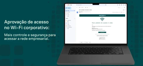 Acesso de aprovação em plataforma para Wi‑Fi corporativo exibida em um notebook, destacando mais controle e segurança para conectar a rede empresarial.