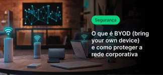 Imagem de uma sala de reuniões com dispositivos de rede e um monitor exibindo gráficos, destacando o tema segurança cibernética e BYOD (traga seu próprio dispositivo)