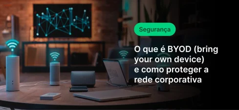 Imagem de uma sala de reuniões com dispositivos de rede e um monitor exibindo gráficos, destacando o tema segurança cibernética e BYOD (traga seu próprio dispositivo)