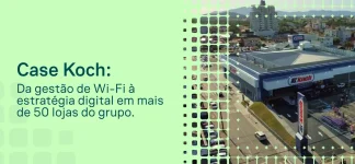 Imagem promocional com o texto “Case Koch: Da gestão de Wi-Fi à estratégia digital em mais de 50 lojas do grupo” ao lado de uma vista aérea de um grande prédio comercial e área de entrada.