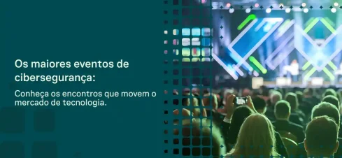 Banner de evento de cibersegurança com fundo tecnológico em azul e verde, multidão em um auditório ao fundo e elementos visuais de rede e segurança, com texto informativo em português.