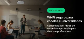 Imagem de jovens estudantes em sala de aula usando dispositivos digitais enquanto professor apresenta conteúdo. Destaque para o texto sobre Wi-Fi seguro para escolas e universidades, com foco em conectividade, filtros de conteúdo e proteção para alunos e professores.