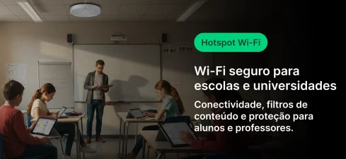 Imagem de jovens estudantes em sala de aula usando dispositivos digitais enquanto professor apresenta conteúdo. Destaque para o texto sobre Wi-Fi seguro para escolas e universidades, com foco em conectividade, filtros de conteúdo e proteção para alunos e professores.