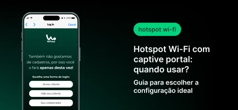Imagem de banner com celular exibindo uma tela de login WiFi (WiFi client) e texto em destaque sobre Hotspot Wi‑Fi com captive portal, com título “Hotspot Wi‑Fi com captive portal: quando usar?” e subtítulo “Guia para escolher a configuração ideal".