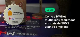Cartão de recarga com detalhes do serviço de navegação ilimitada da HWNet, destacando resultados de mais de 500% usando WiFeed, uma ferramenta de divulgação.