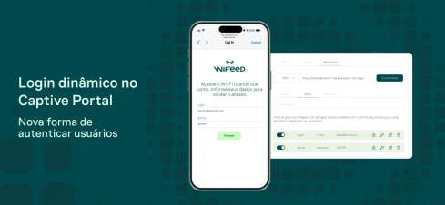 Tela de login de um aplicativo WiFi com o texto “Login dinâmico no Captive Portal” ao fundo, destacando autenticação de usuários em um ambiente de Wi‑Fi público.