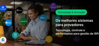 Imagem de uma mulher sorridente usando laptop, com ícones de logos de empresas de tecnologia e inovação ao redor, promovendo os melhores sistemas para provedores de internet, com foco em tecnologia, controle e desempenho para gestão de ISPs.