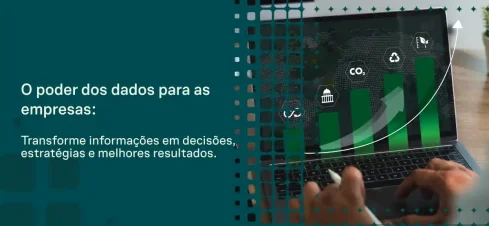 Poder dos dados para as empresas: pessoa usando notebook com gráficos e indicadores de análise, como CO2, nuvem e reciclagem, em fundo de tecnologia.