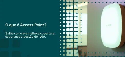 Ilustração de marketing sobre Access Point com dispositivo de rede sem fio ao lado de elementos visuais de conexão, destacando melhora de cobertura, segurança e gestão de rede.