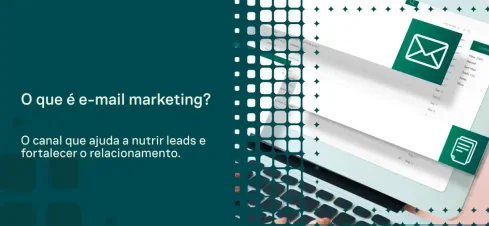 Ilustração sobre e-mail marketing com fundo em tons de verde e tela digital abstrata, destacando texto explicativo “O que é e-mail marketing?” e um envelope em destaque em um layout de newsletter.