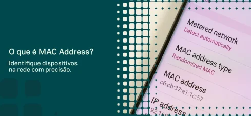 Imagem sobre MAC address: tela de computador com texto “O que é MAC Address?” e um smartphone mostrando “Mete red network” e detalhes como “MAC address type”, “Randomized MAC” e “MAC address”.