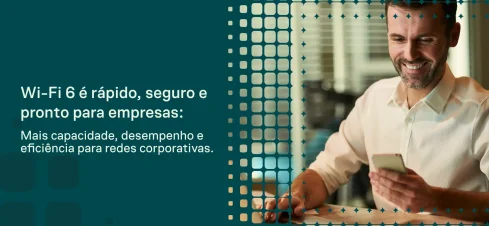 Mão usando smartphone e notebook com ícones de Wi‑Fi e sinal verde, mostrando o tema “Wi‑Fi 6” e destacando vantagens para redes corporativas em um layout de comunicação digital.