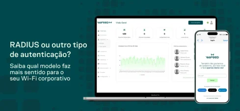 Banner com texto “RADIUS ou outro tipo de autenticação?” e a plataforma WiFEEED exibida em um notebook e em um celular, com telas de monitoramento e login.