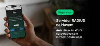 Pessoa segurando um celular com interface de login e mensagem de segurança, enquanto aparece o texto “Servidor RADIUS na Nuvem” e “Autenticação Wi‑Fi corporativa sem infraestrutura local”.