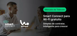Imagem que mostra duas pessoas conversando, promovendo o serviço de internet Wi-Fi grátis do Mercado de Telecom com Smart Connect e WiFeed.