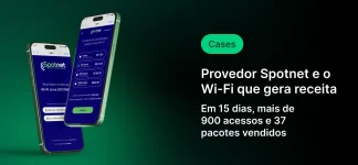 Imagem promocional do provedor de internet Spotnet com dois smartphones exibindo a interface do aplicativo e a mensagem “Provedor Spotnet e o Wi‑Fi que gera receita” com dados de acessos e pacotes vendidos.