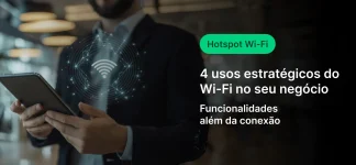 Pessoa usando smartphone com destaque para símbolo de Wi-Fi e texto sobre estratégias de hotspot Wi-Fi para negócios.