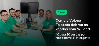Equipe de profissionais da Veloce Telecom e vendas de uma empresa de telecomunicações comemorando crescimento nas vendas com WiFeed e Wi-Fi inteligente.