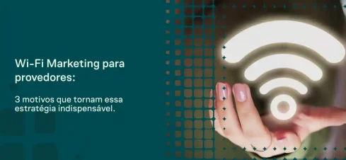 Imagem de marketing com fundo em azul e gráfico em grade, com uma mão segurando um dispositivo e ícones de Wi-Fi estilizados, destacando Wi-Fi Marketing para provedores.