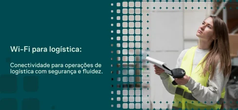 Mulher em colete de segurança usa um leitor portátil enquanto interage com um sistema digital, com visual de rede e quadrículas como representação de Wi-Fi na logística