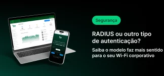 I Imagem ilustrativa de um laptop e smartphone exibindo gráficos e configurações de segurança de Wi-Fi, destacando opções de autenticação como RADIUS para redes corporativas.
