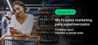 Mulher realizando compras em supermercado usando celular, destacando o uso de Wi-Fi como estratégia de marketing para negócios de supermercados.
