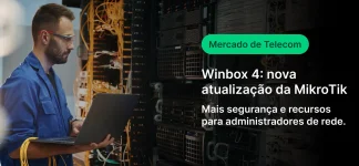 Técnico de TI verificando servidores e equipamentos de rede em data center para melhorar o desempenho e segurança da infraestrutura de telecom e atualização para versão winbox 4